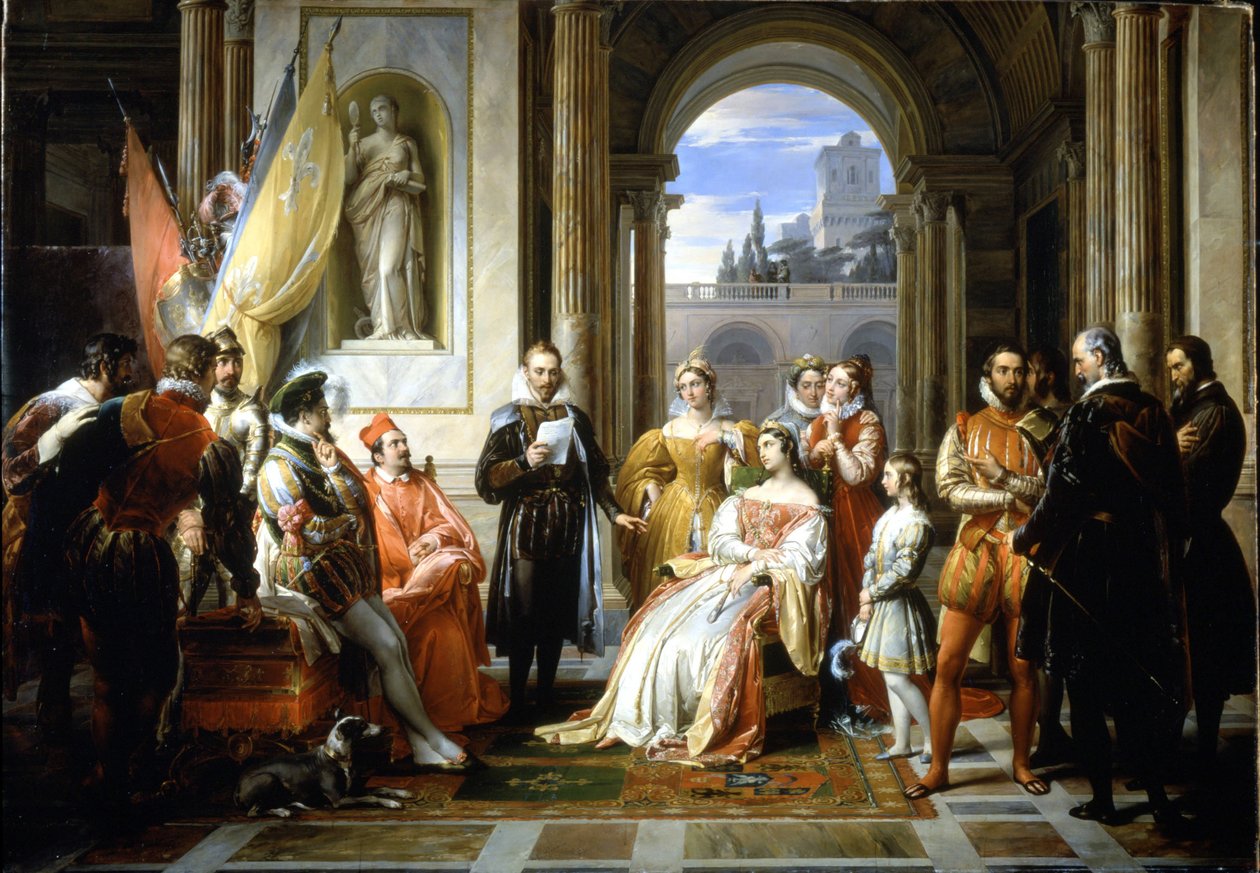Torquato Tasso (Le Muche), Ferrara sarayında Kudüs teslimini (kurtarılmış Kudüs) okuyor. Francesco Podesti