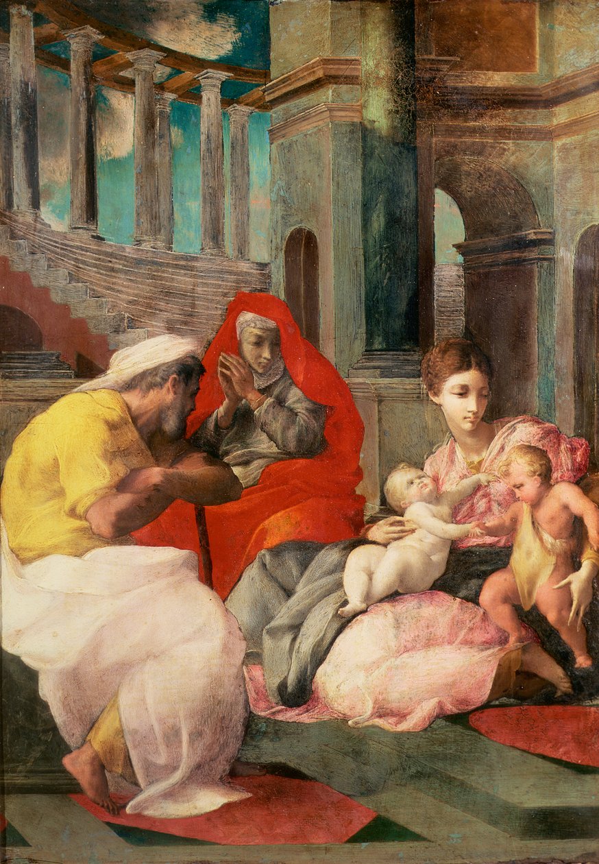 Aziz Elizabeth ve Vaftizci Yahya ile Kutsal Aile, 1541-3 (arduvaz üzerine yağlı boya) by Francesco Primaticcio