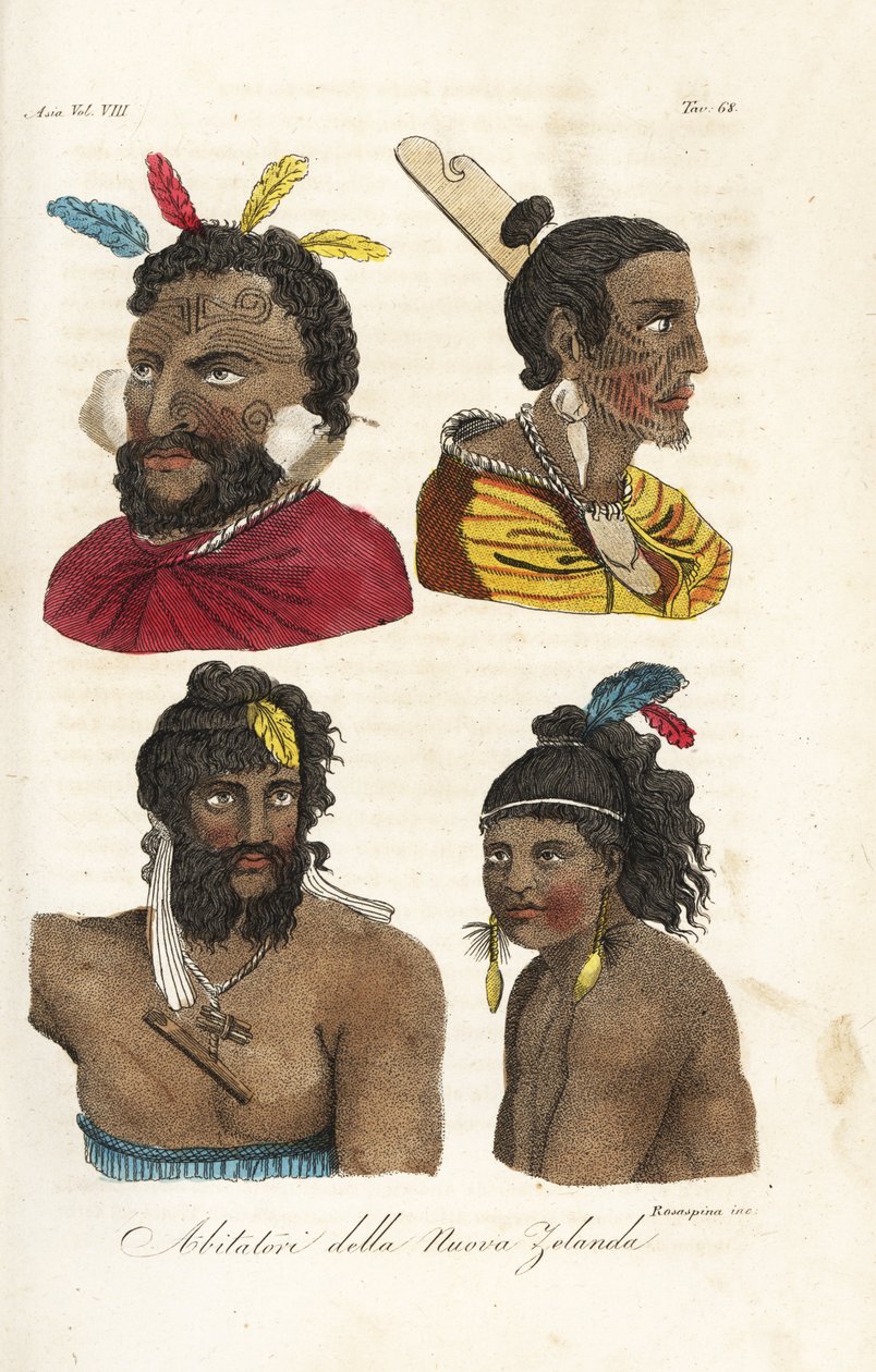 Maori Savaşçılarının Portreleri, Yeni Zelanda Yüzlerinde dövmeler ve saçlarında tüyler olan erkekler ve oğlanlar. Giulio Ferrario'nun Tüm Halkın Antik ve Modern Kostümleri'nden William Hodges ve Piron'dan sonra Francesco Rosaspina tarafından oy by Francesco Rosaspina