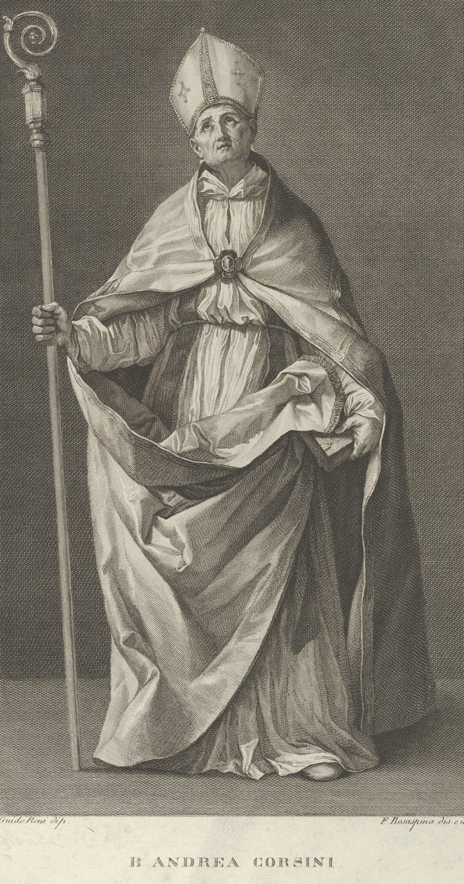 Aziz Andrea Corsini, Fiesole Piskoposu gibi giyinmiş, elinde bir krosiyer tutuyor ve bakıyor ..., yakl. 1780-1841. by Francesco Rosaspina