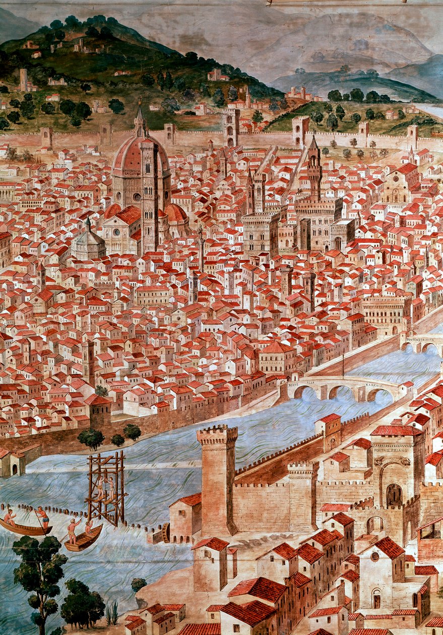 Pianta della Catena Haritanın zincir şeklindeki çerçevesi nedeniyle “Catena” olarak adlandırılan Floransa şehrinin haritasının detayı. Francesco di Lorenzo Rosselli (1448-1513) tarafından 1490