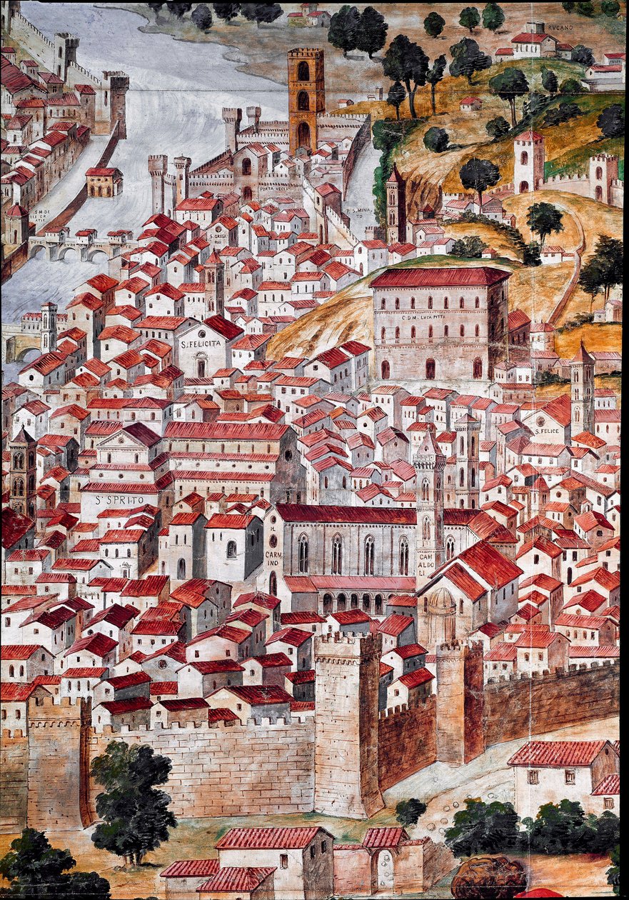 Pianta della Catena Haritanın zincir şeklindeki çerçevesi nedeniyle “Catena” olarak adlandırılan Floransa şehrinin haritasının detayı. Francesco di Lorenzo Rosselli (1448-1513) tarafından 1490