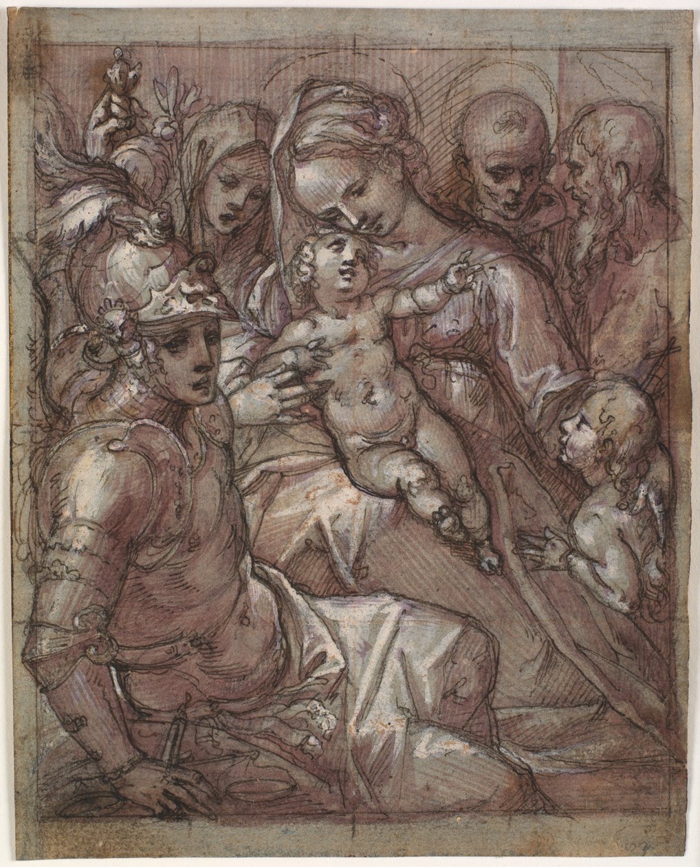 Bakire Meryem ve Çocuk İsa, çocukken Vaftizci Yahya ile, Sienalı Bernardino (?), Sienalı Kathrine, baş melek Mikail ve sakallı bir aziz by Francesco Rustici