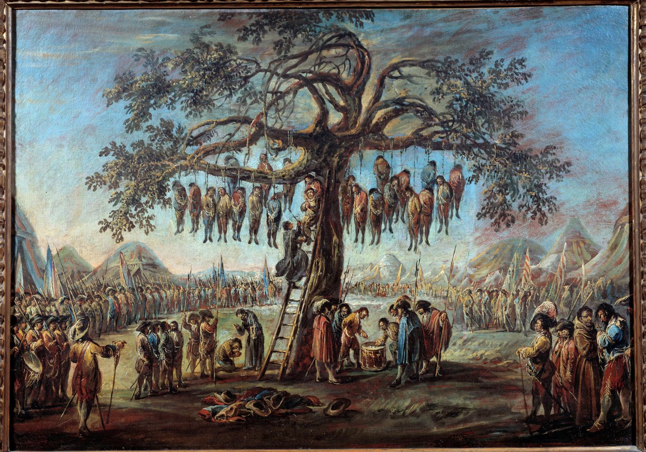 Asılan ağaç Bir ağaca asılarak işkence edilecek hükümlüleri temsil eden ürkütücü bir gösteri. Jacques Callot