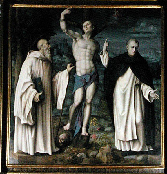 SS. Benedict, Dominic ve Sebastian (panelde yağ) (ayrıca bkz. 192538 ve 192540) by Francesco Ubertini Il Bacchiacca