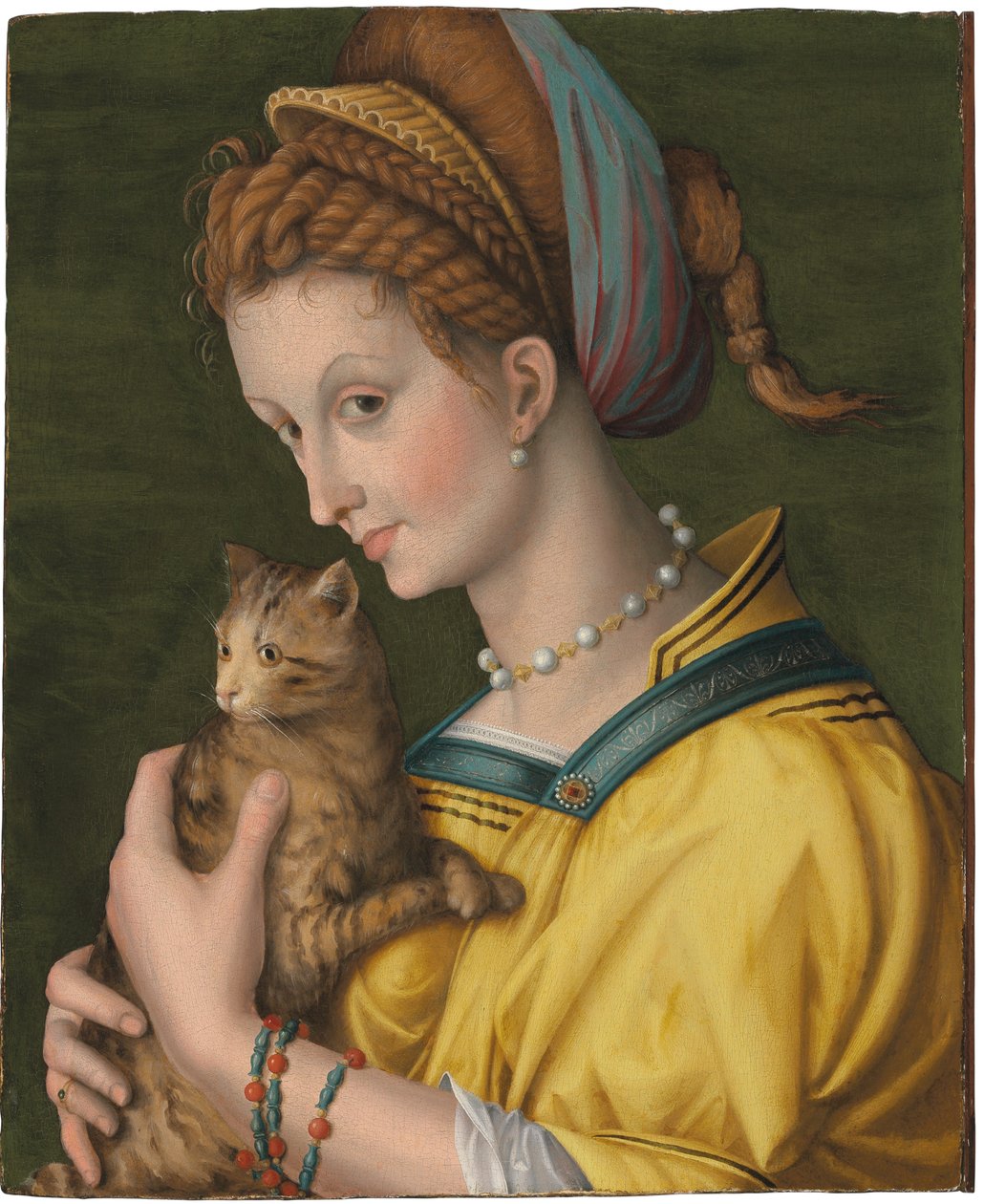 Bir kedi tutan genç bir bayanın portresi by Francesco Ubertini Verdi Bachiacca