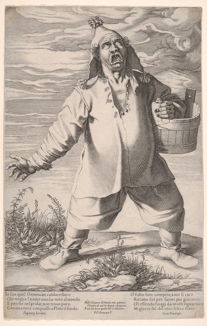 Geminiano Caldarostaro ağlıyor ve elinde püsküllü şapkalı bir küvet tutuyor, yakl. 1597-1601. by Francesco Villamena