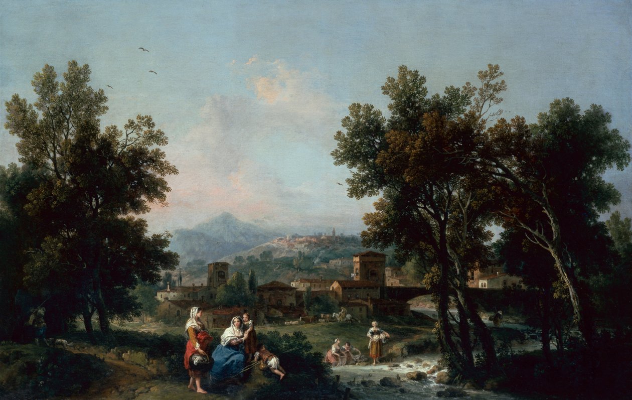 Nehir Kenarında Çamaşırcı Kadınlarla Ağaçlık Bir Peyzaj (petrol) by Francesco Zuccarelli