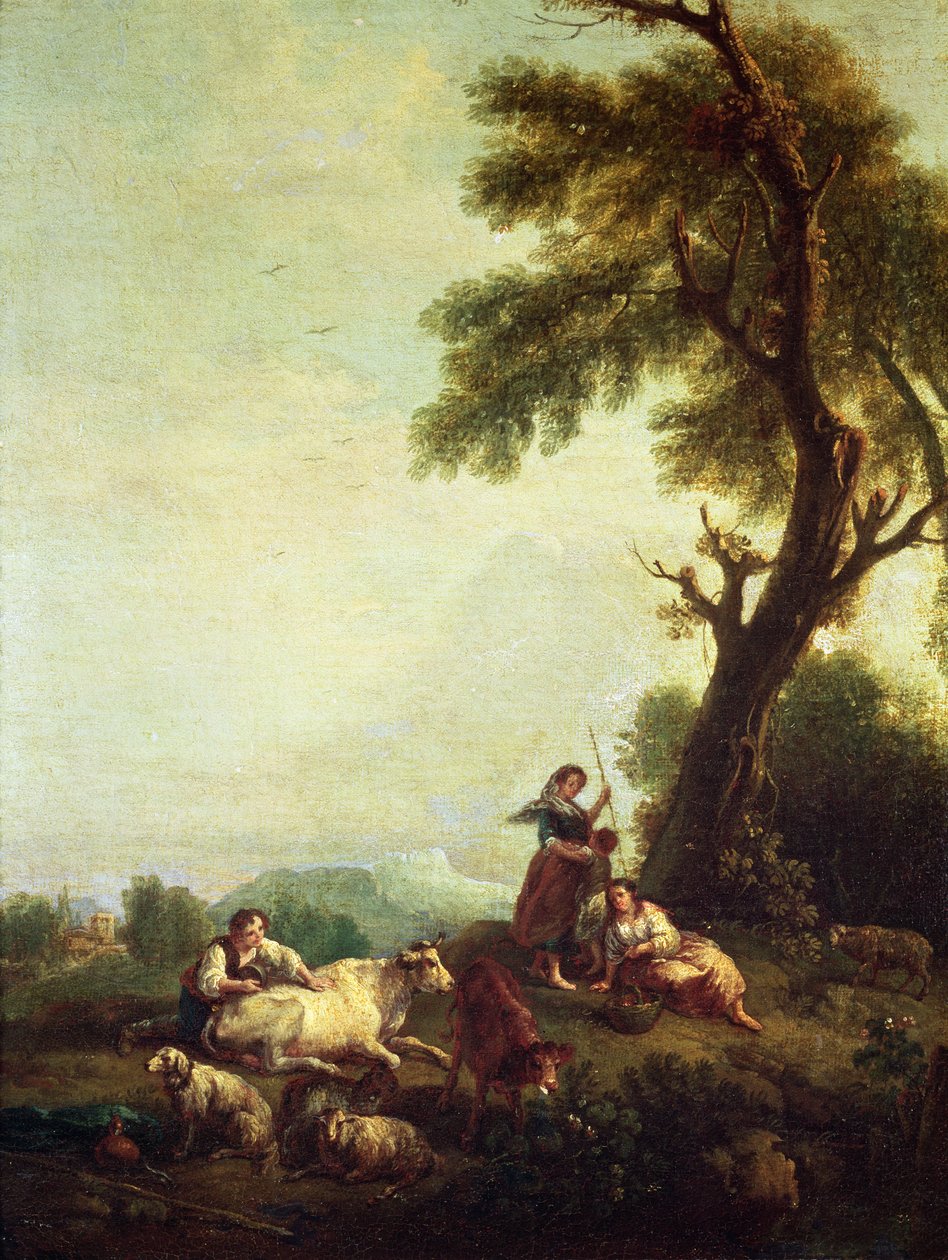 Sığır Sürüsü İzleyen Köylülerle Manzara by Francesco Zuccarelli
