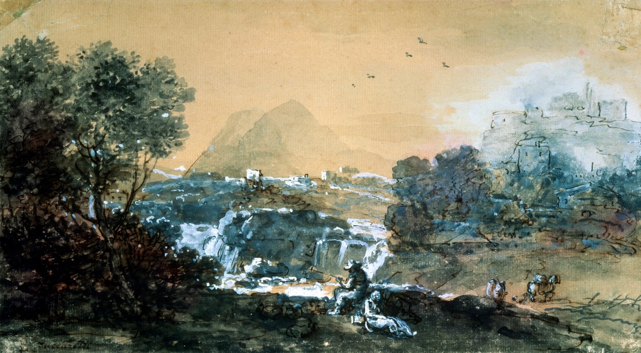 Şelaleli Manzara, 18. yüzyıl İtalyan resmi. by Francesco Zuccarelli