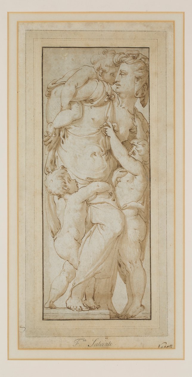 Bir Kadın ve Putti Çalışması (mürekkep ve yıkama) by Francesco de Rossi (follower of) Salviati