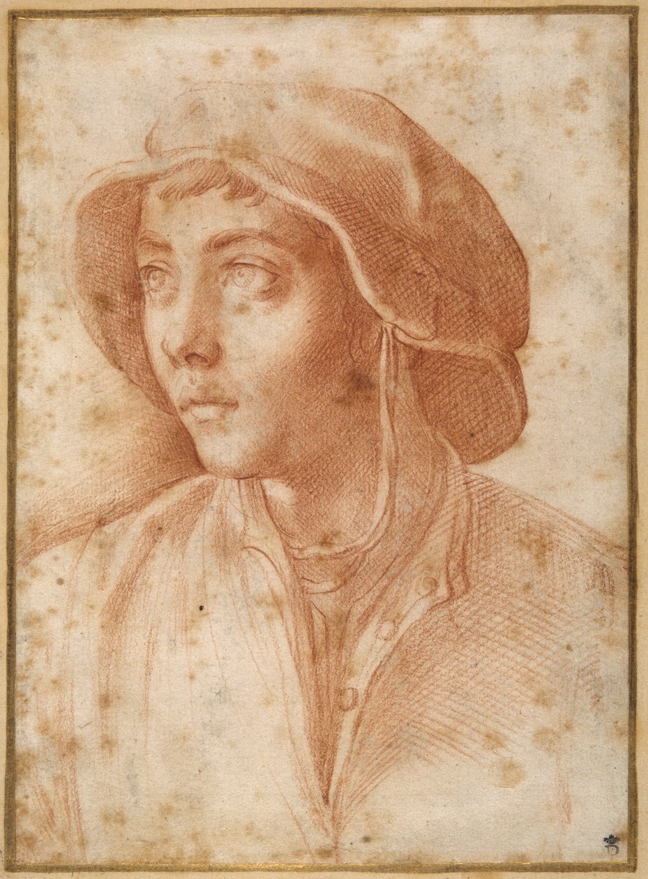 Şapka takan bir çocuğun büstü portresi (kremalı kağıt üzerine kırmızı tebeşir) by Francesco de Rossi Salviati Cecchino