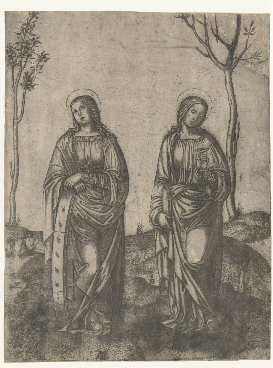 Kırık bir tekerleği olan Aziz Catherine ve bir tabakta gözleri olan Lucia by Francesco di Francia (attributed to)