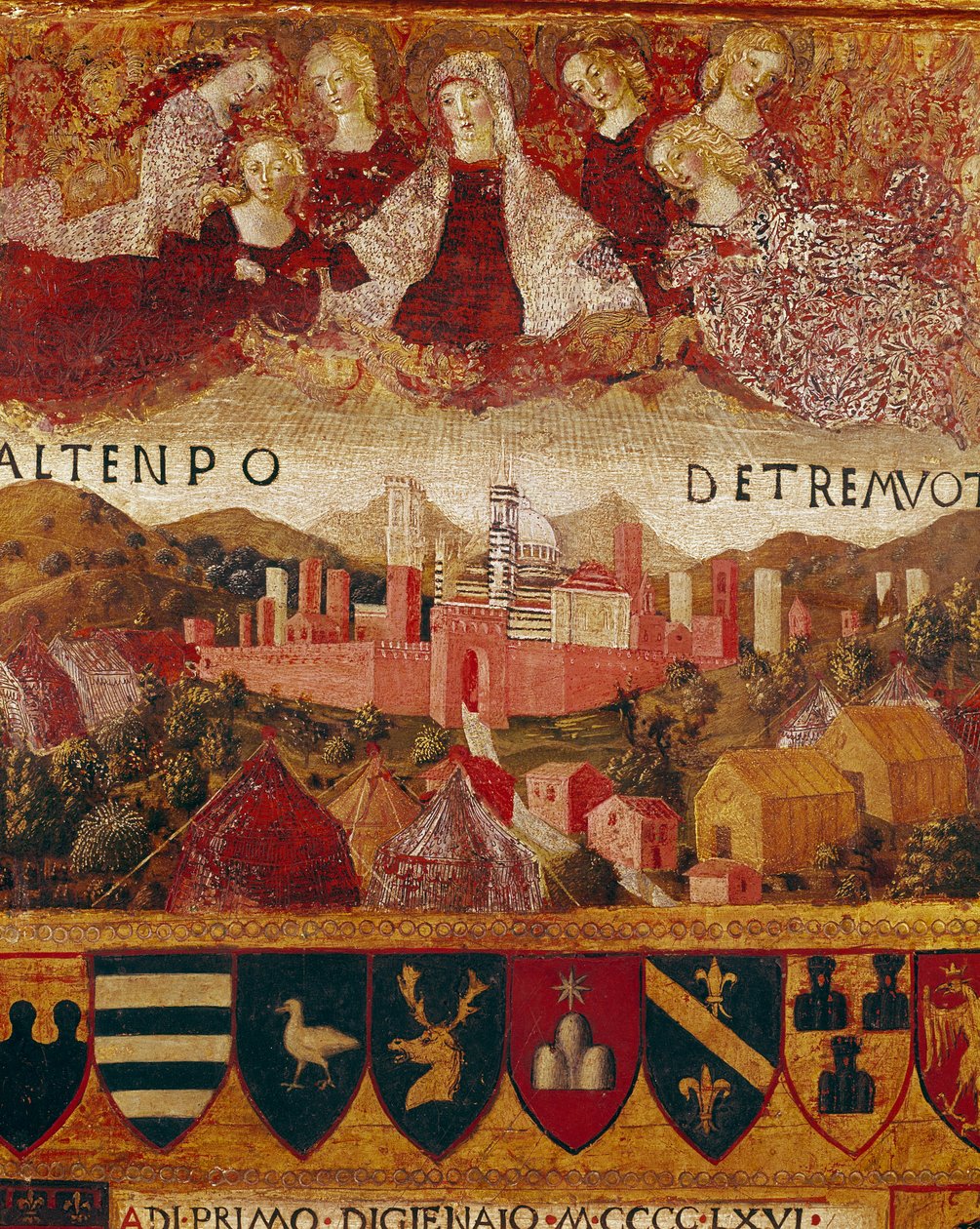 Ex voto (veya ex voto): “” 1466-1467 depremleri sırasında Siena şehrini koruyan Meryem Ana”” Detay. Francesco di Giorgio Martini