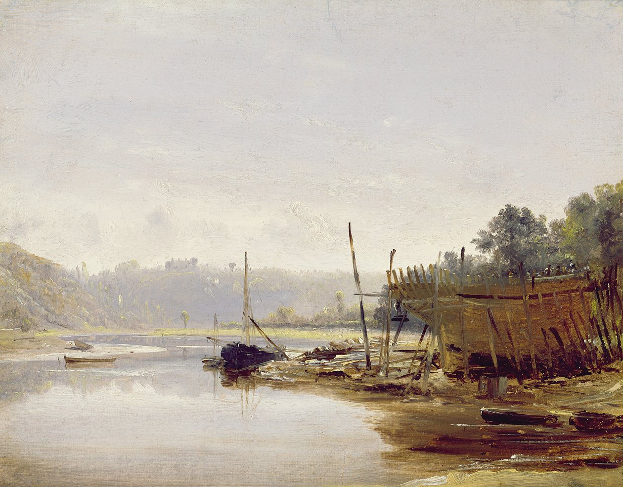 Dinan yakınlarındaki Tekne Binası, Brittany, c.1838 (panel üzerine kağıt üzerine yağlı boya) by Francis Danby