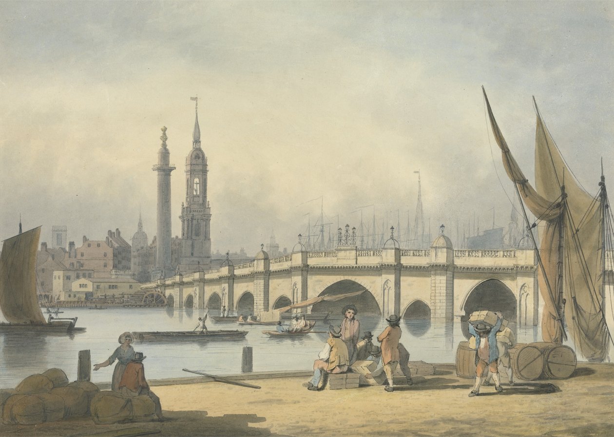 London Bridge and the Monument, c.1795 (grafit, wc ve kağıt üzerine mürekkep) by Francis Nicholson