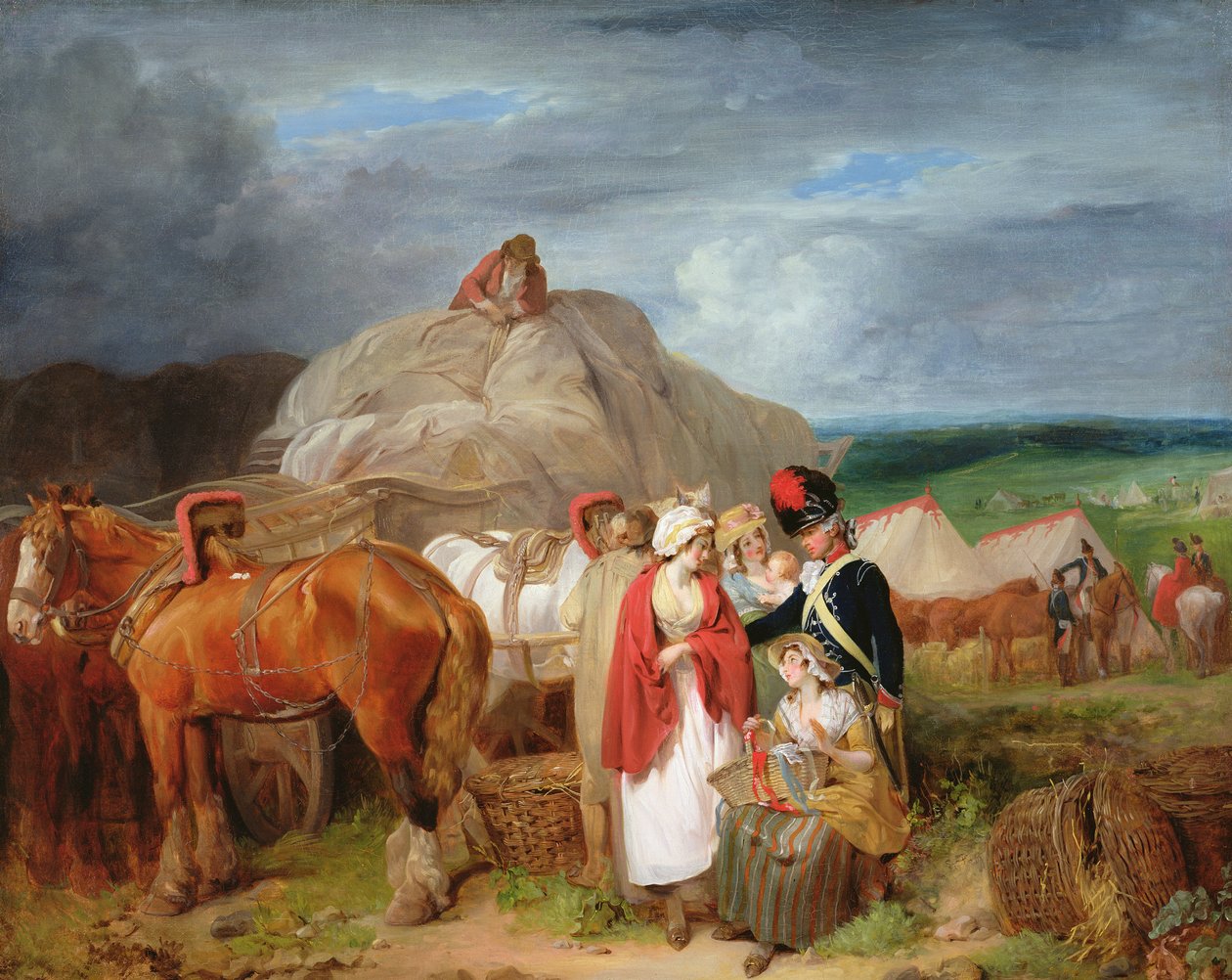 Askeri Kampın Yakınında Kurdele Satan Taşralı Kadınlarla Asker, 1788 by Francis Wheatley
