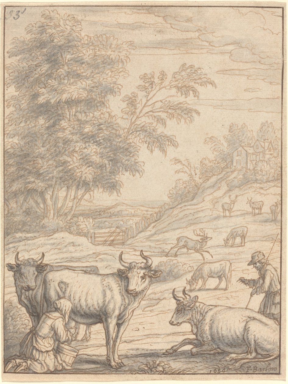 Sığır ve Geyik ile Bir Çayır by Francis Barlow