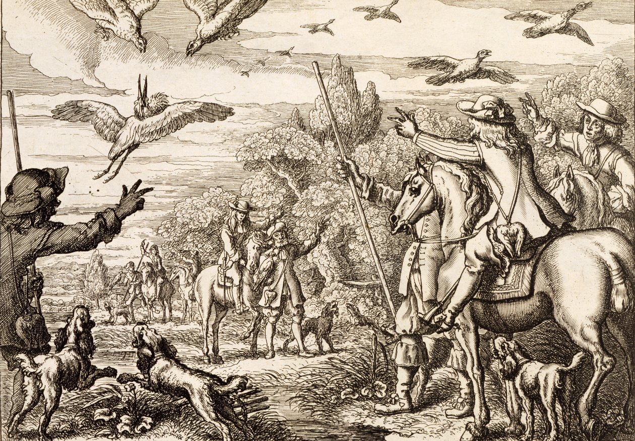 Heron Hawking, Wenceslaus Hollar tarafından oyulmuş, 1671 by Francis Barlow