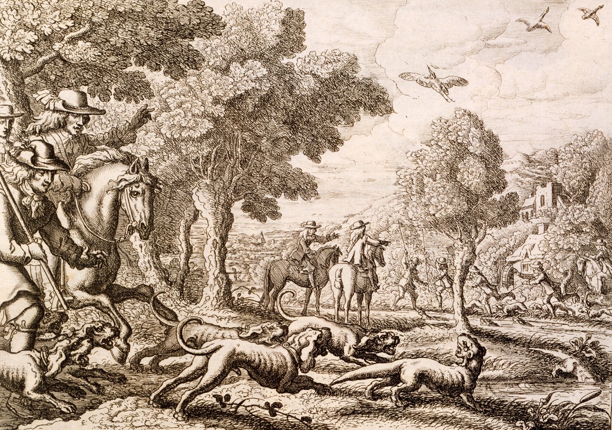 Nehir kenarında su samuru avı, Wenceslaus Hollar tarafından oyulmuş, 1671 by Francis Barlow