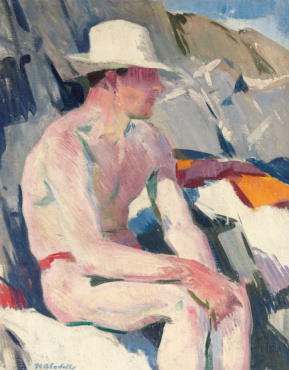Beyaz şapkalı yüzücü (panelde yağ) by Francis Campbell Boileau Cadell