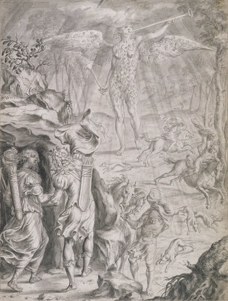 Dido ve Aeneas Mağarada Barınma (kağıt üzerinde yıkama) by Francis Cleyn