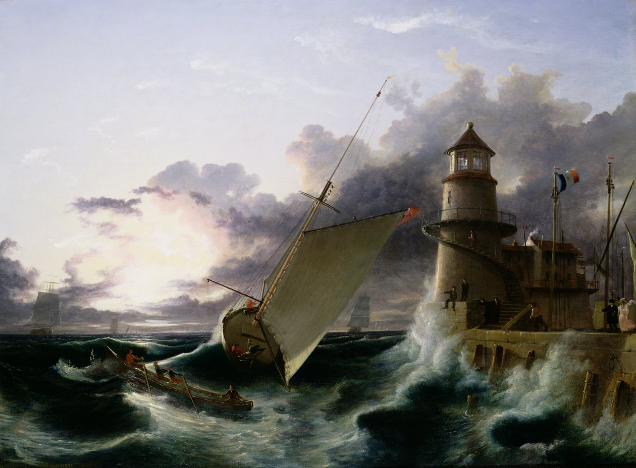 Deniz Fenerinin Yanındaki Tekne, Başlayan Bir Fırtına (tuval üzerine yağlı boya) by Francis Danby