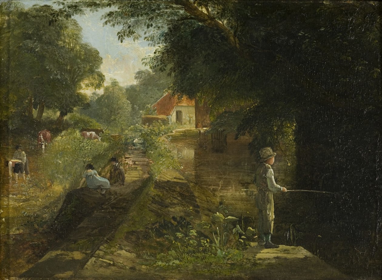 Boy Fishing, Stapleton, c. 1822-23 (panel üzerine yerleştirilmiş kart üzerindeki yağ) by Francis Danby