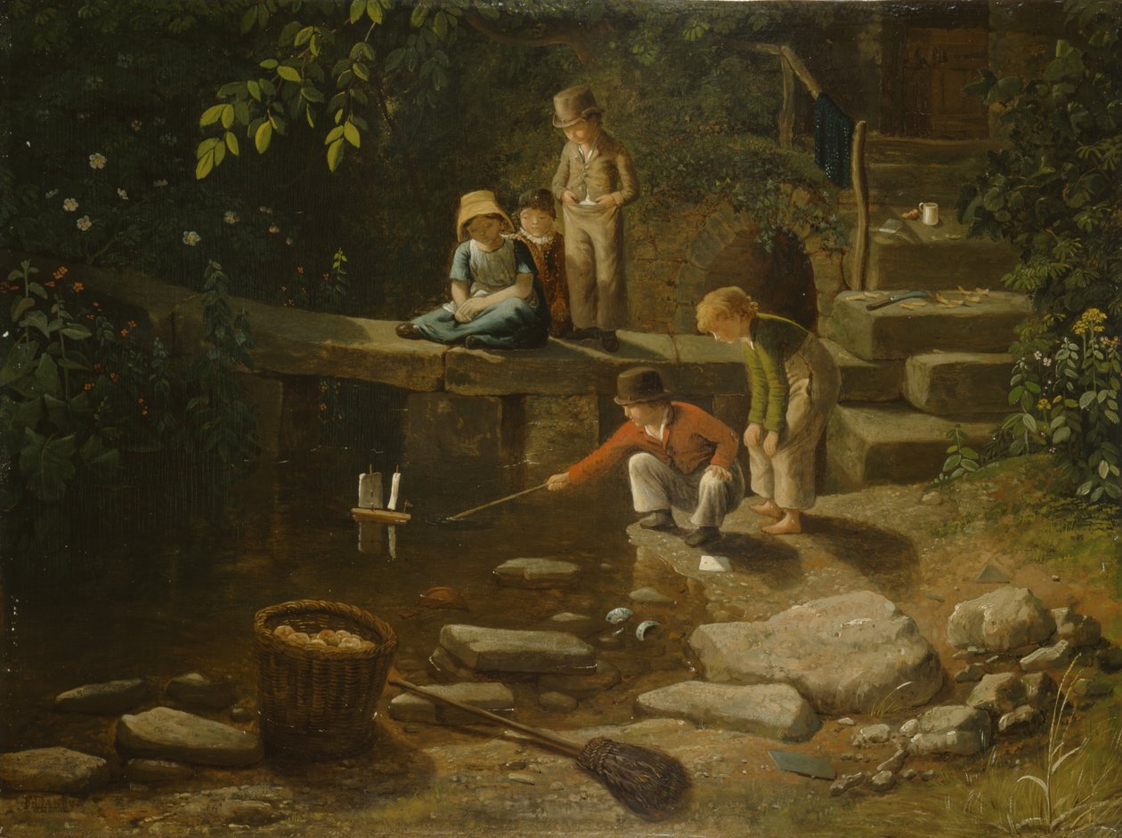 Küçük Bir Kayıkla Yüzen Çocuk (panelde yağlı boya) by Francis Danby