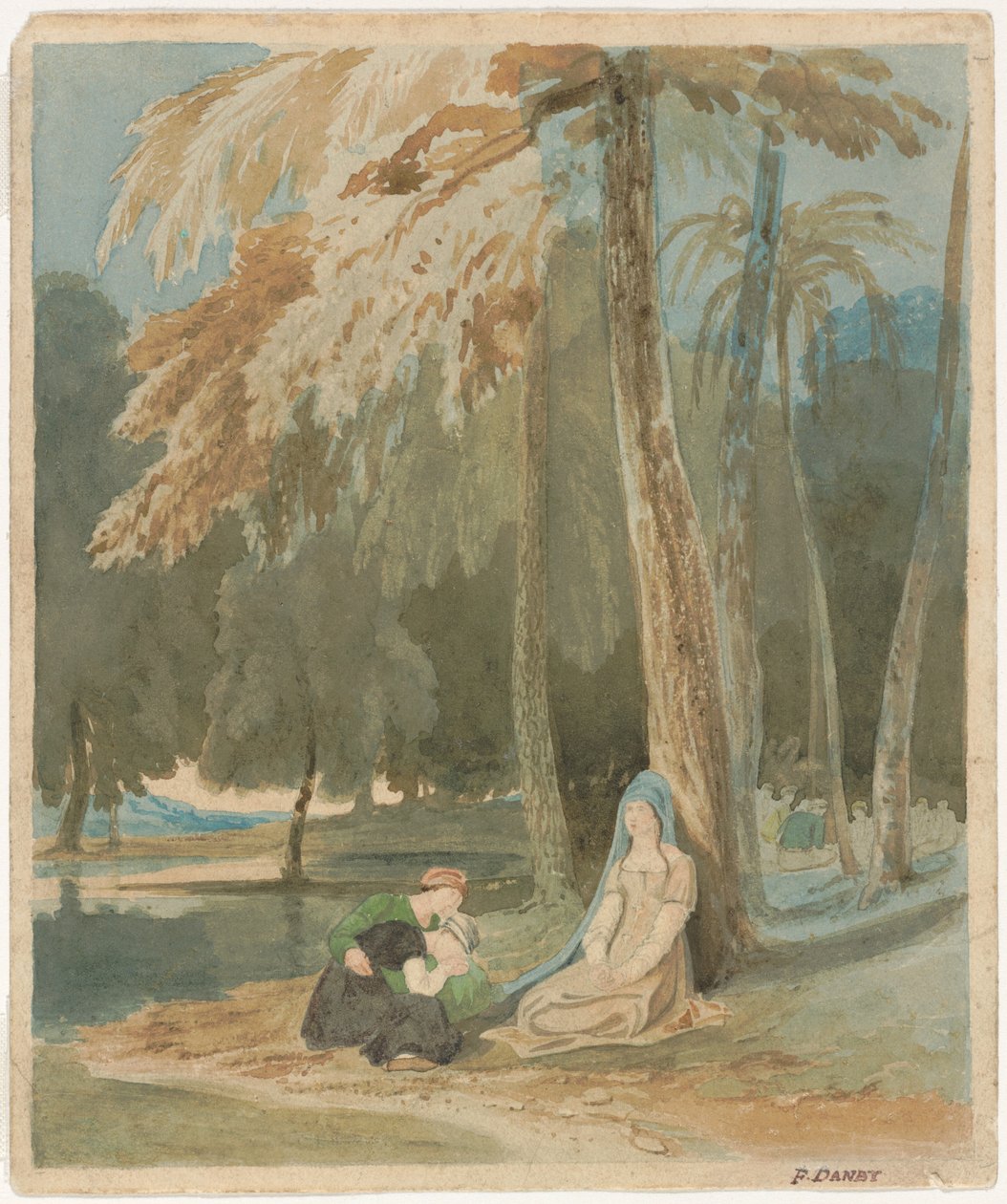 Ormanlık Bir Gölün Yanında Oturan Üç Kadın by Francis Danby