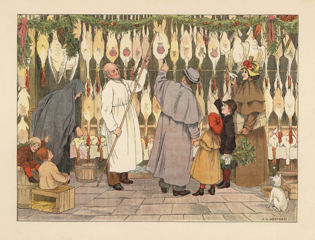 Noel için tavukçuda hindi seçen Viktorya dönemi ailesi. Önlüklü kasap, elindeki kancayla bir kuşu keserken. Francis Donkin Bedford