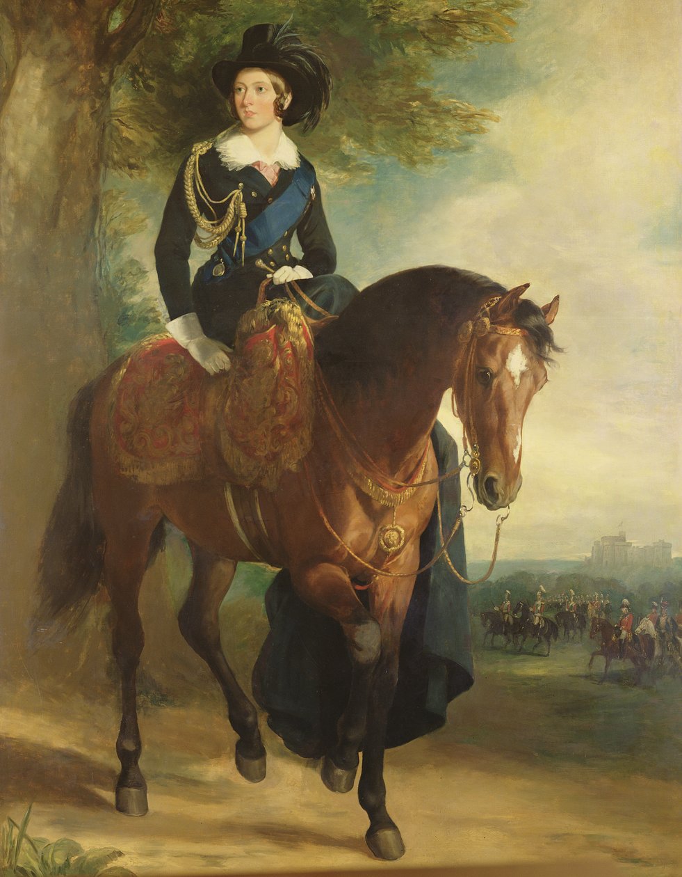 Arka planda Windsor Kalesi, Wellington Dükü ve Hane Halkı Tugayı ile Kraliçe Victoria'nın At Sırtında Portresi by Francis Grant