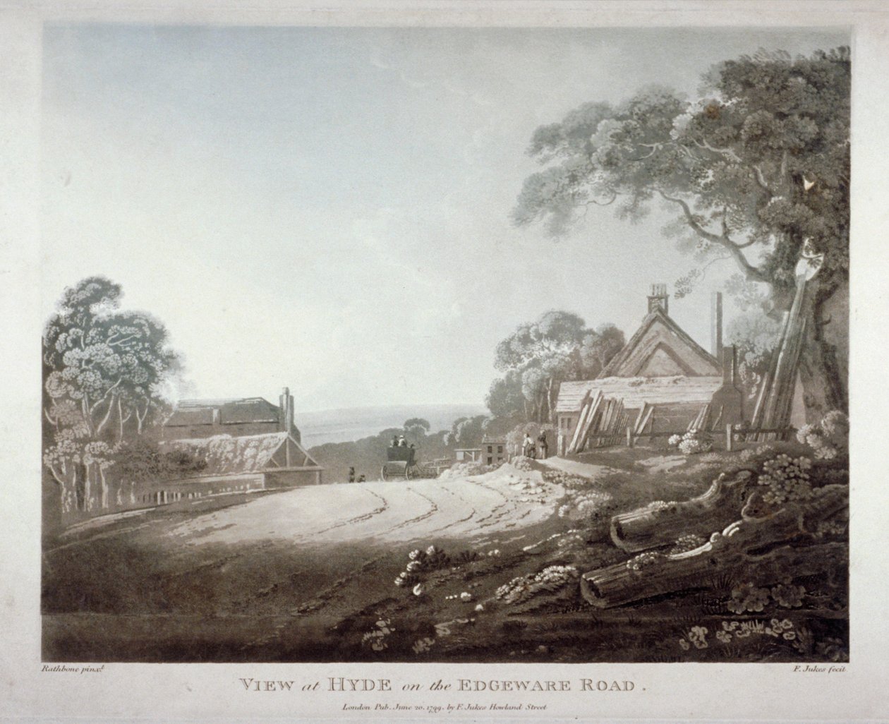 Edgware Yolu üzerinde bir tepenin üzerinde kaybolan bir at arabası, Londra, 1799 by Francis Jukes