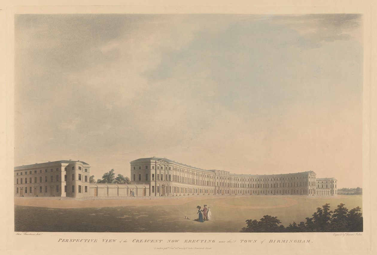 Crescent'in şimdi Birmingham kasabası yakınlarında dikilen perspektif görünümü by Francis Jukes