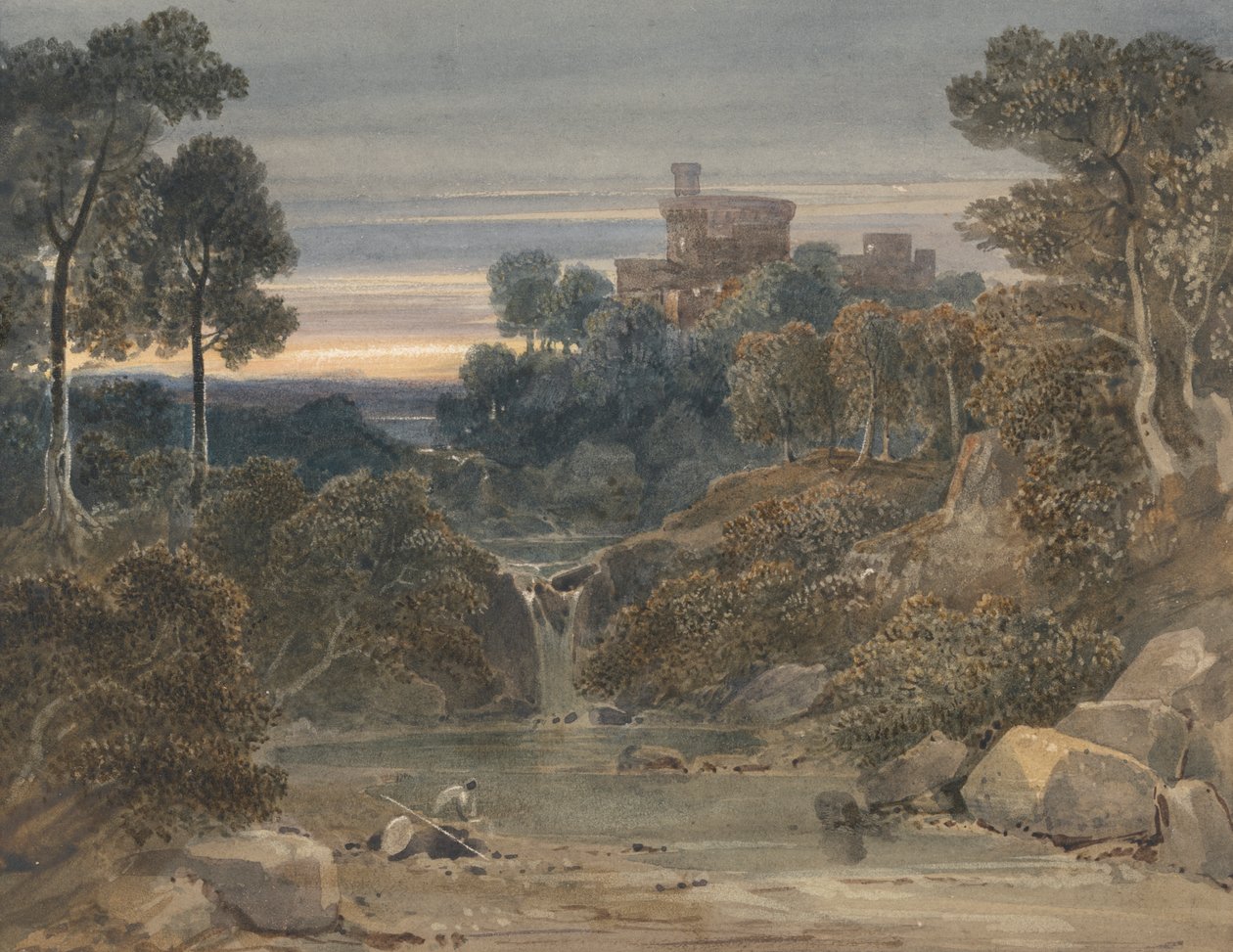 Ön Planda Kale, Şelale ve Dere Olan Manzara by Francis Oliver Finch