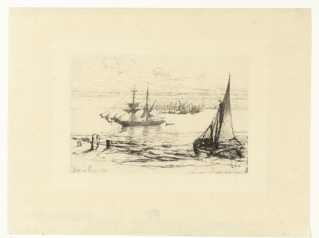 demirli bir gemi demir atmış bir brik by Francis Seymour Haden (Sir) (signed by artist)