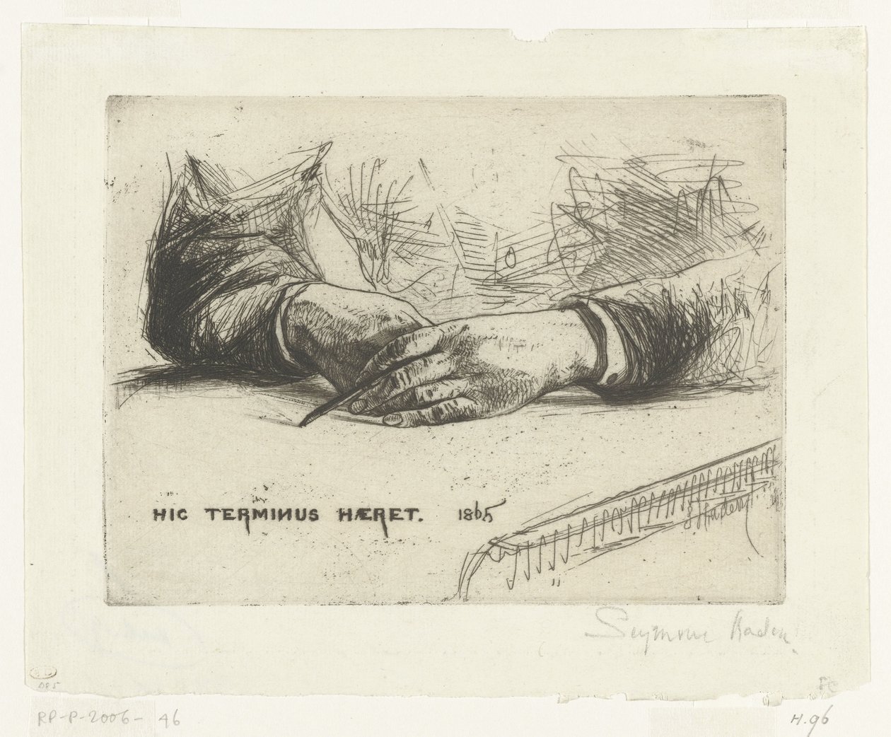 İki el, tebeşirle çizim Bir mum boya tutan eller Hic Terminus Haeret (nesne üzerindeki başlık) by Francis Seymour Haden (Sir) (signed by artist)