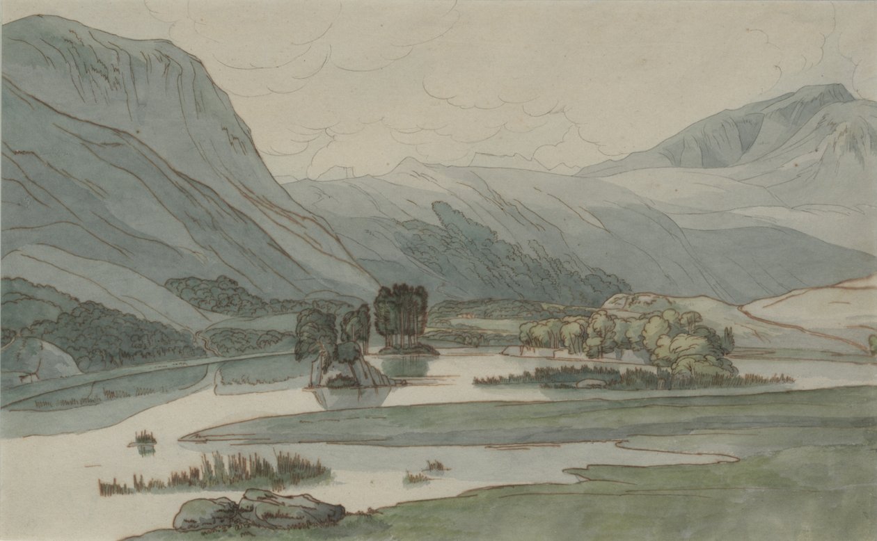 Rydal Water with the Grasmere Hills, 1786 (kalem ve mürekkepli kurşun kalem ve kağıt üzerinde wc) by Francis Towne