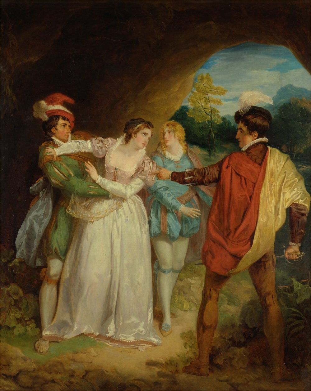 Valentine, Silvia'yı Proteus'tan kurtarırken, Shakespeare'in "Veronalı İki Beyefendisi", V. Perde, Sahne 4, Haydutlar Mağarası by Francis Wheatley