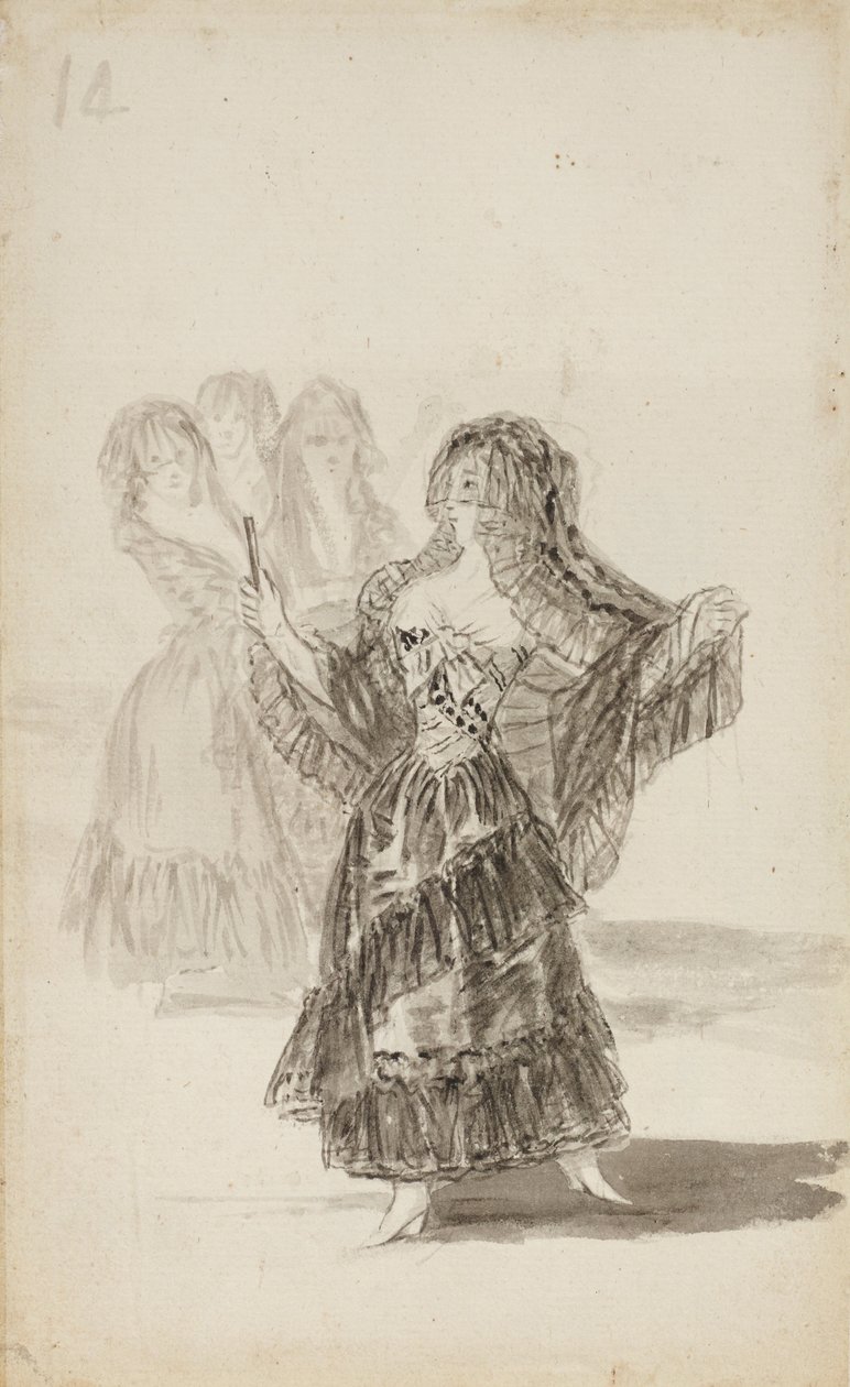 İki Majas Kucaklayan (rekto); Üç kişinin önünde Maja Geçit Töreni (verso) by Francisco de Goya