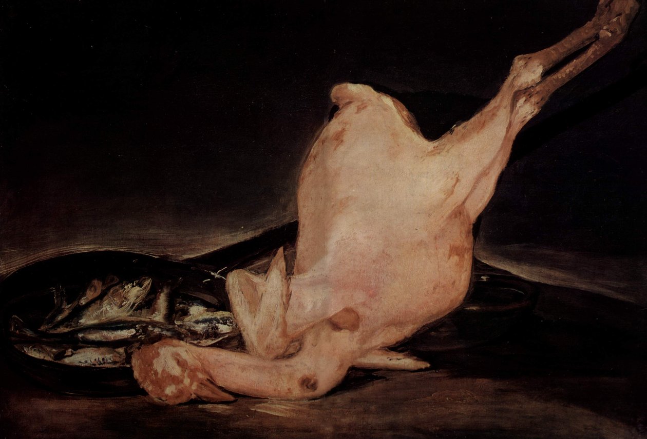 Natürmort, koparılmış hindi ve balıkla tava by Francisco de Goya