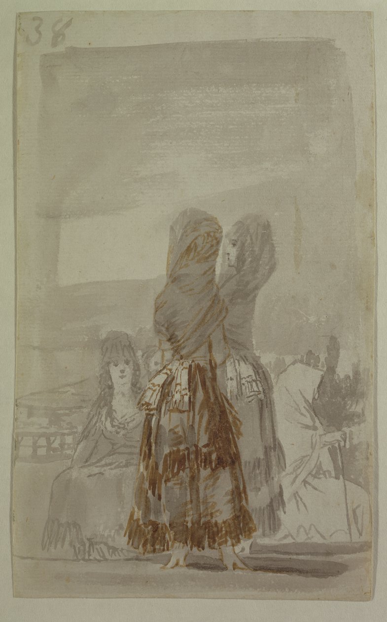 Paseo üzerinde geçit töreni yapan Majas (kağıt üzerinde gri ve siyah kalem) by Francisco de Goya