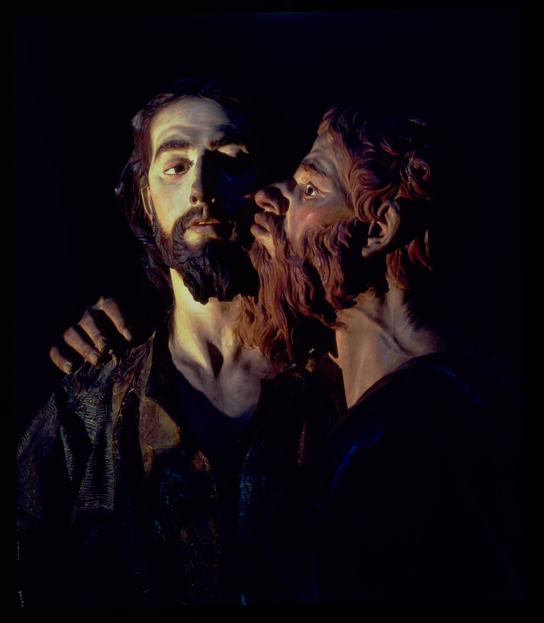 The Arrest of Christ, detail showing Judas kissing Christ, 1765 (polychrome wood) (detail from 93242) by Francisco Salzillo