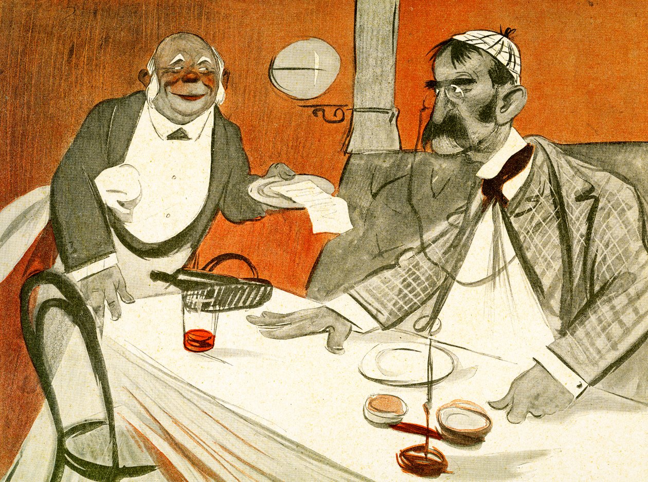 Theophile Delcasse disputing the bill in a French restaurant, 1903  by Francisco Sancha y Lengo