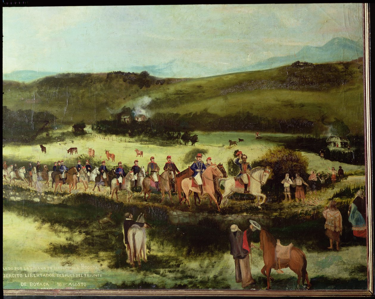 Simon Bolivar (1783-1830) and Francisco de Paula Santander (1792-1840) travelling to Bogota with the army of the Libertador after the victory of Boyaca, 10th August 1829  by Francisco de Paula Alvarez