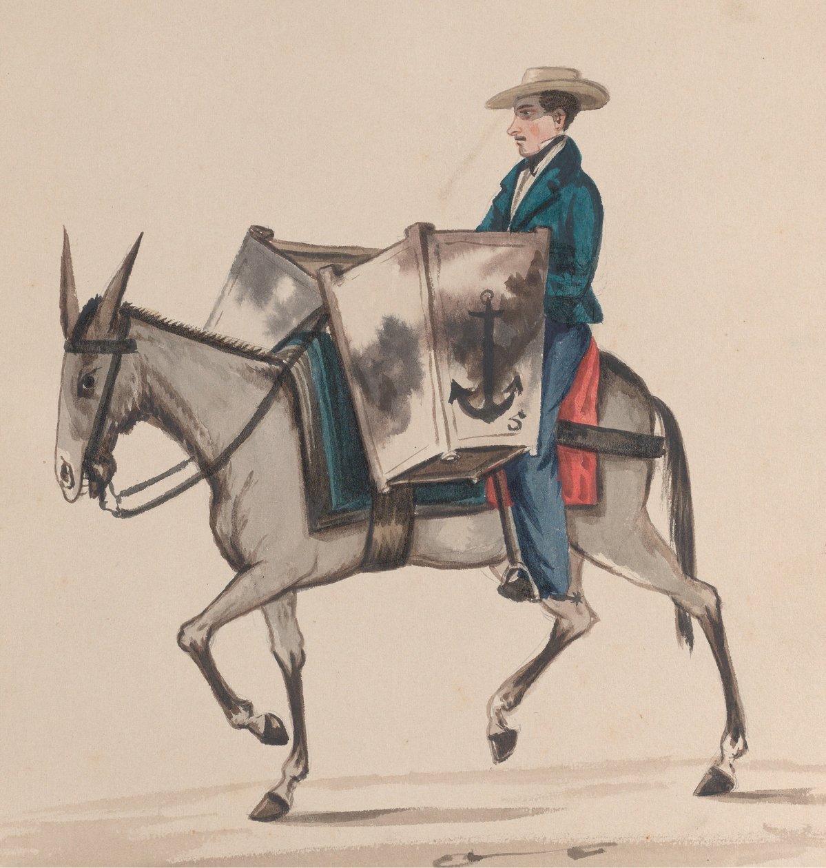 Peru kostümünü betimleyen bir grup çizimden at sırtında bir fırıncı, yaklaşık. 1848. by Francisco
