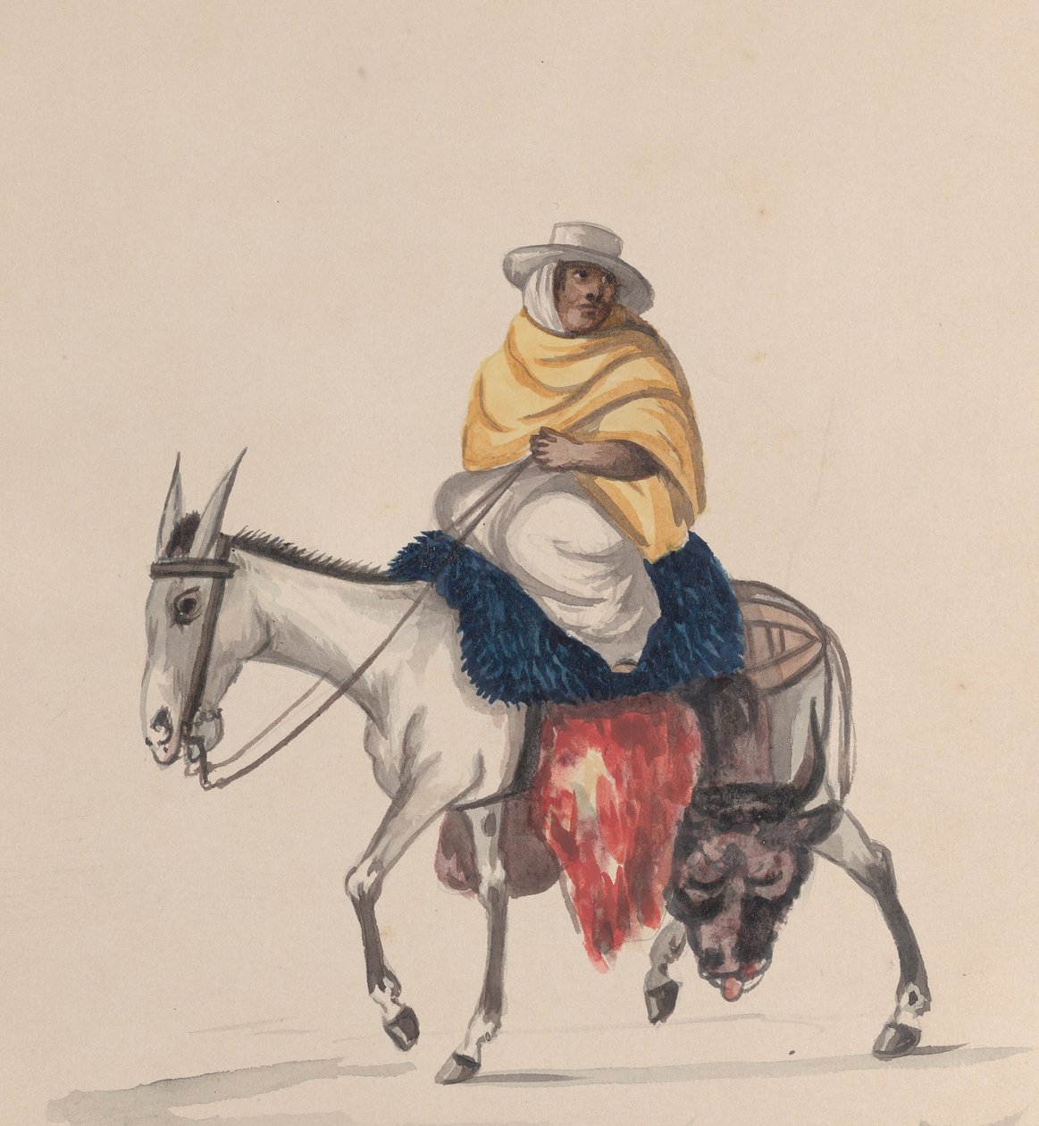 Peru kostümünü tasvir eden bir grup çizimden eşeğe binen bir kasap, yaklaşık. 1848. by Francisco