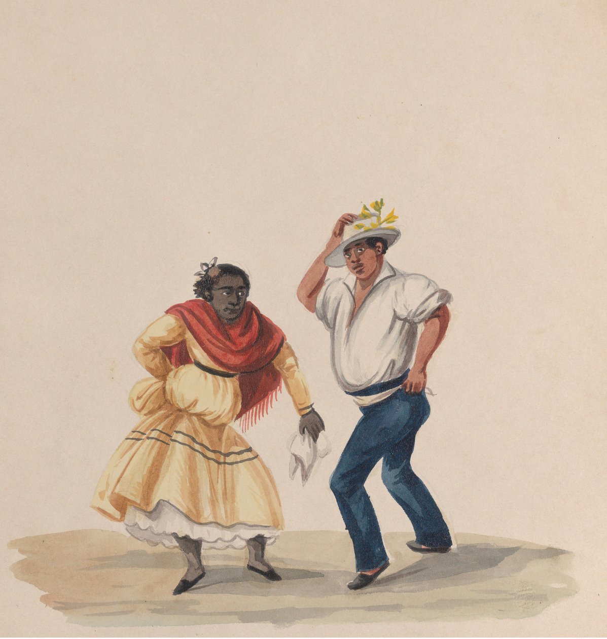 Peru kostümünü tasvir eden bir grup çizimden dans eden bir erkek ve bir kadın, 1848. by Francisco