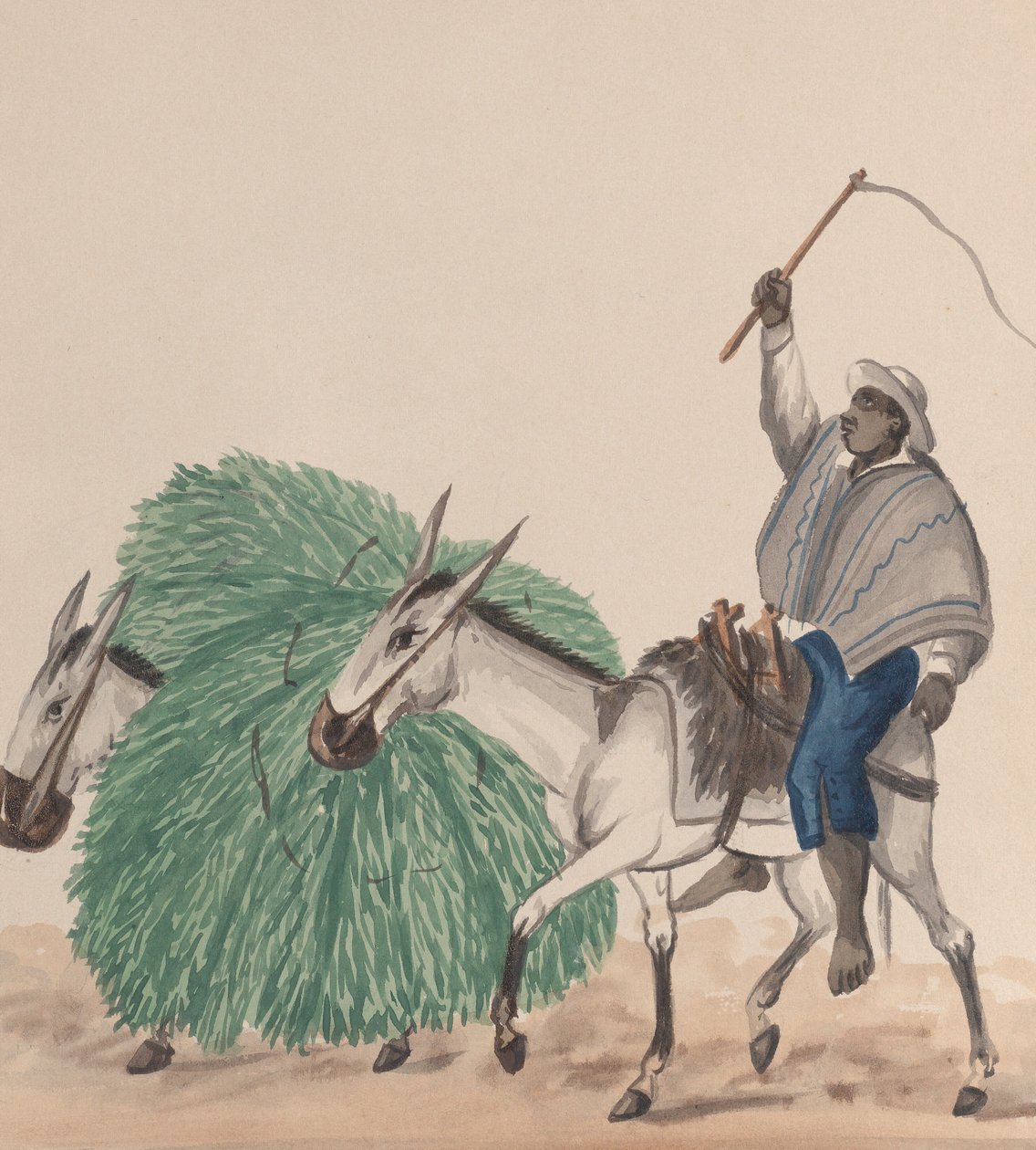 Bir katıra binen bir adam, kırbacı kaldırılmış, yanında ot yüklü başka bir katır..., yakl. 1848. by Francisco