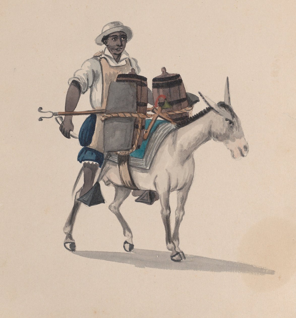 Peru kostümünü tasvir eden bir grup çizimden eşeğe binen bir su taşıyıcısı, yaklaşık. 1848. by Francisco